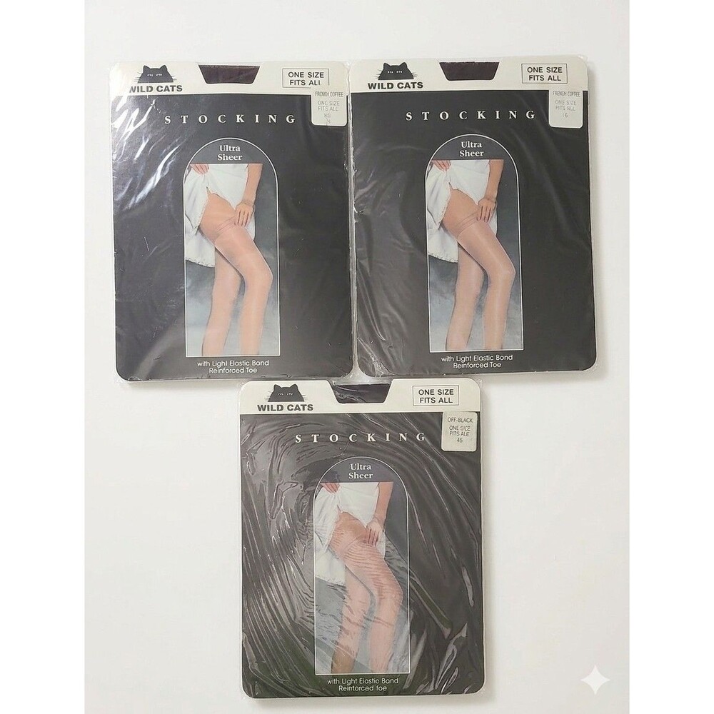 Vintage Wild Cats Ultra Sheer Stockings Off-Black 100% Nylon NOS Set Of 3